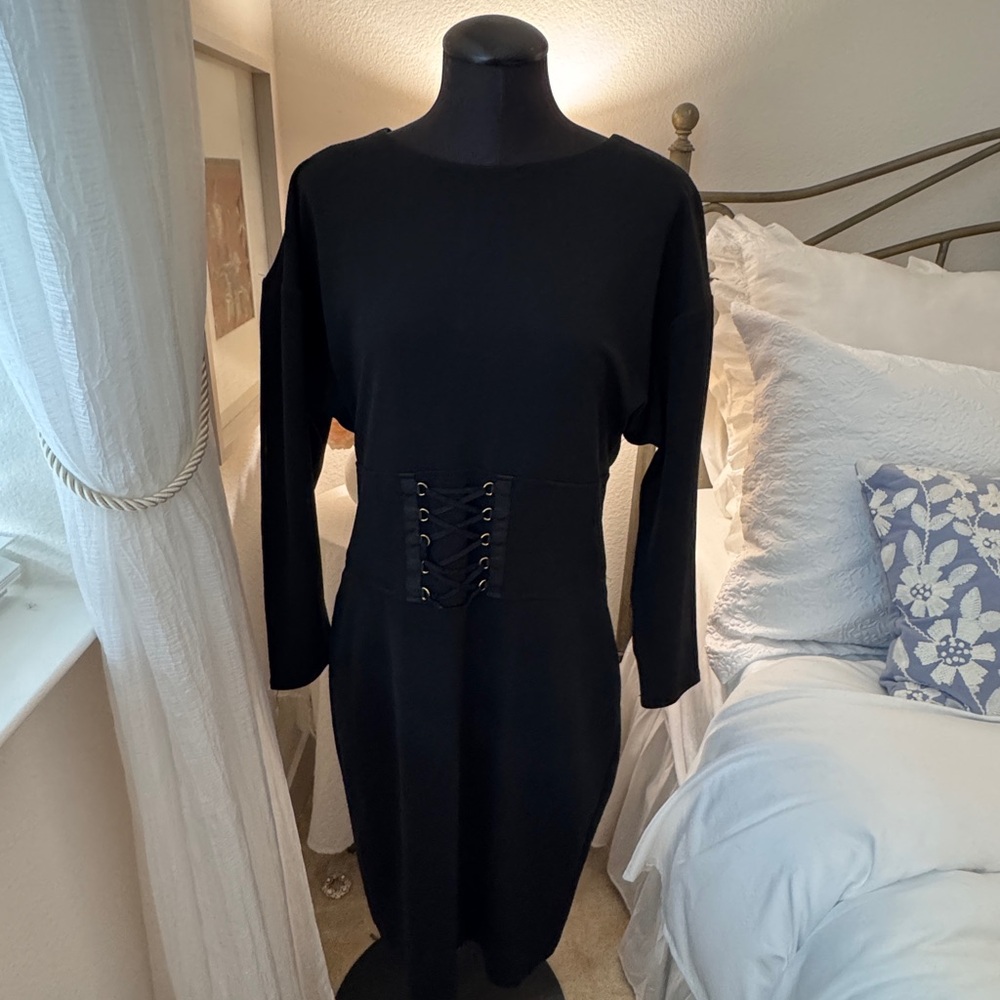 Express Black Long Sleeve Dress with Lace-Up Detail